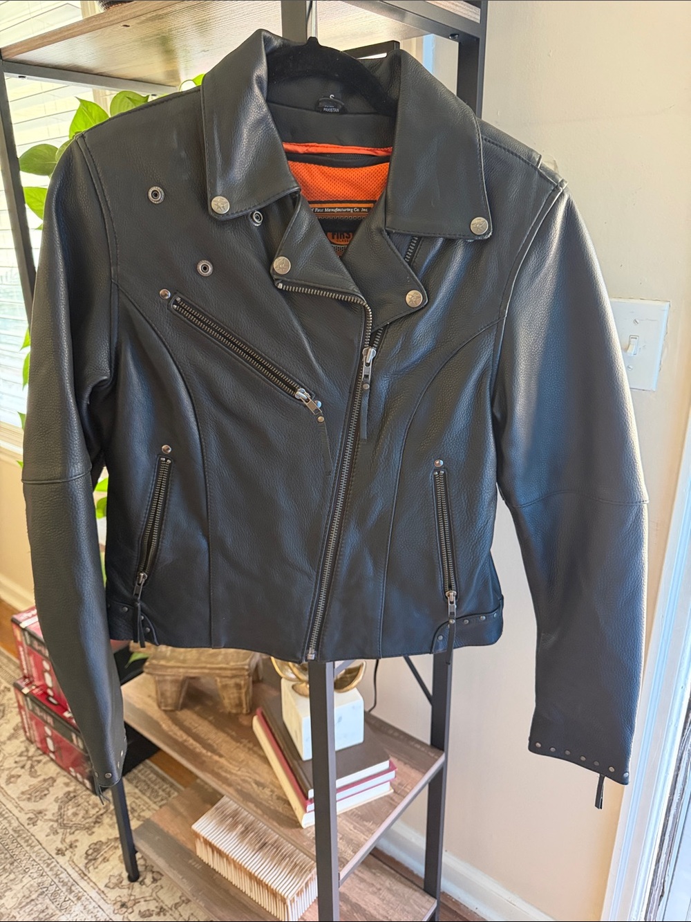 Women's Black Leather Moto Jacket with Orange Lining with matching leather chaps